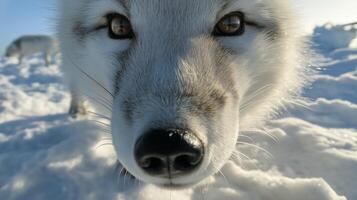 A curious arctic fox approaches, showcasing its striking features against a snowy background. photo