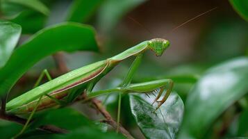 A green praying mantis poses on vibrant leaves in a garden, showcasing its intricate features. photo