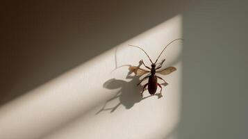 A brown insect crawls on a light surface creating a distinct shadow in the midday light. photo