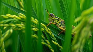 A bright grasshopper rests on a rice plant, among lush green leaves in the sunlight. photo