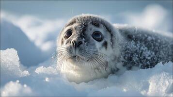 A young seal rests on the snowy surface, surrounded by ice, enjoying a quiet winter day. photo
