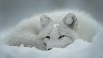 An arctic fox is curled up in soft snow, creating a serene winter atmosphere while resting. photo