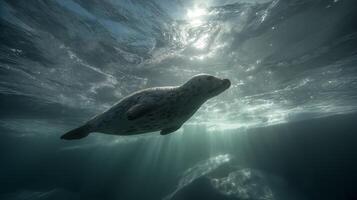 A seal glides through clear waters, lit by shimmering rays of sunlight above. photo