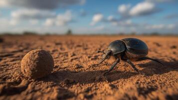A beetle maneuvers a ball of dung along the dry ground under a bright sky with clouds. photo