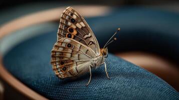 A butterfly sits delicately on a textured blue surface, highlighting its unique patterns and hues. photo