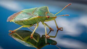 A green bug with detailed features explores a reflective surface on a sunny day. photo