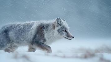 An arctic fox walks through deep snow while a snowstorm rages, showing resilience and grace. photo