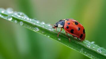 A ladybug with red wings and black spots perches on a green leaf with dew droplets. photo