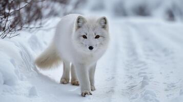 A white fox explores a snowy path surrounded by winter scenery in a remote location. photo