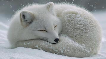 A white arctic fox curls up in deep snow, showing off its fluffy fur. photo