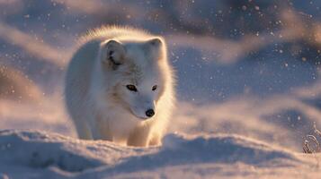 A snowy Arctic fox explores a snow-covered terrain while illuminated by soft sunlight. photo