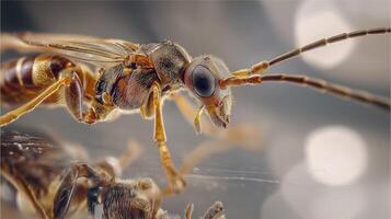 This small insect showcases its delicate features and antennae in a laboratory environment. photo