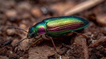 A vibrant beetle moves over earthy substrate, showcasing its striking colors and intricate patterns. photo