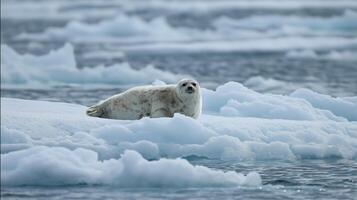 A seal basks on a floating ice floe in chilly waters during the Arctic summer, surrounded by ice. photo