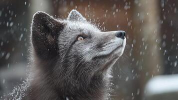 Snowflakes fall softly around a curious arctic fox, which looks up in a tranquil winter setting. photo