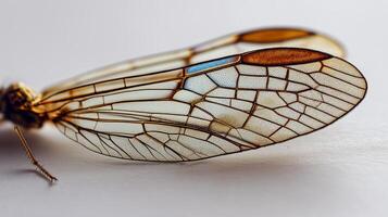 Delicate insect wings display intricate patterns and textures against a light background. photo
