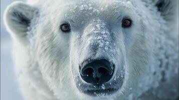 A polar bear stands in the snow, showcasing its fur and glistening eyes against the icy backdrop. photo