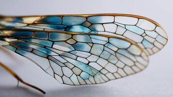 Close-up of dragonfly wings shows stunning colors and patterns on a neutral background. photo