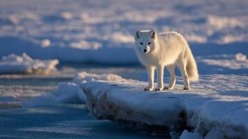 An arctic fox is poised on a frozen surface, surrounded by snow and ice under soft morning light. photo