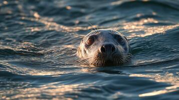 A seal is swimming in calm waters, its eyes reflecting the warm colors of the sunset. photo