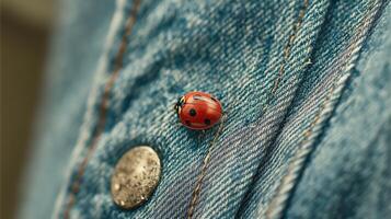 A bright ladybug rests on denim, displaying its red and black colors in the sunlight. photo