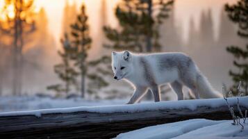 An Arctic fox moves steadily along a log in a snowy environment as the sun rises in the background. photo