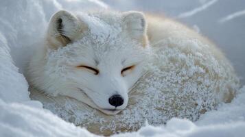 An arctic fox curls up in a snowbank, enjoying a moment of rest in the cold winter setting. photo
