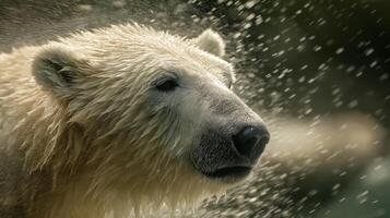 A polar bear splashes water while emerging from a swim, enjoying a warm day in its habitat. photo
