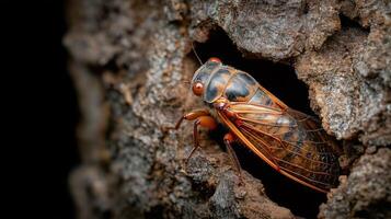 A cicada with striking colors appears from a crevice in tree bark during twilight. photo