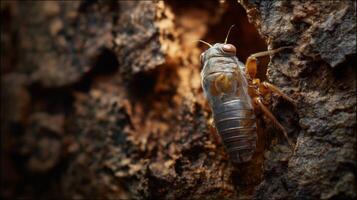 A cicada clings to rough tree bark, showcasing its details in the afternoon sunlight. photo