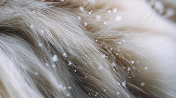 Snowflakes fall gracefully onto a layer of soft fur, creating a peaceful winter atmosphere. photo