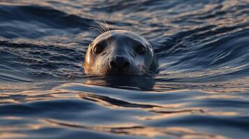 A seal surfaces in serene waters, surrounded by rippling waves and illuminated by warm sunlight. photo