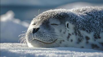 A seal is basking in the sun on a snowy area, enjoying the winter environment and tranquility. photo