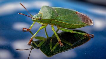 A green insect is resting on a shiny surface, highlighting its intricate features and colors. photo