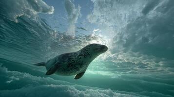 A seal gracefully swims beneath the water surface, sun rays filtering through clouds above. photo