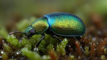 A vibrant beetle moves on green moss in a damp forest, showcasing its stunning colors and details. photo