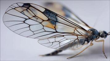 A close-up view reveals the delicate architecture of an insect's wing with fine details. photo