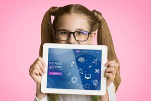 Funny schoolgirl showing tablet computer with distance learning class on screen, pink background. Creative collage photo