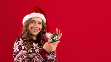 Lovely young woman in warm sweater and Santa hat holding tiny Christmas tree toy over red studio background, panorama. Gorgeous millennial woman dressed for Xmas and New Year holidays photo