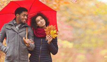 Autumn walk. Loving afro couple with umbrella in park, enjoying walk and looking aside, copy space photo