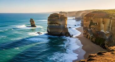 Scenic Coastal View of the Twelve Apostles with Limestone Stacks and Ocean Waves Under Clear Sky and Warm Sunrise or Sunset Light photo