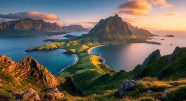 Island Vista at Sunrise or Sunset Featuring Green Hills, Sandy Beaches, Turquoise Waters, and Jagged Mountain Peaks Beneath a Colorful Sky photo