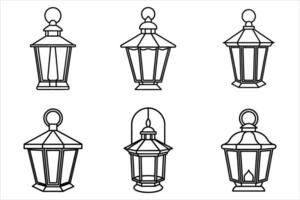 Six Black Line Drawings of Hanging Lanterns line art vector