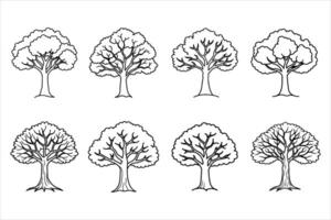 Eight Black Line Drawings of Different Trees black and white vector