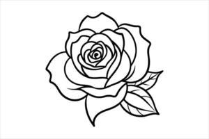 Black and White Line Drawing of a Rose with Leaves vector