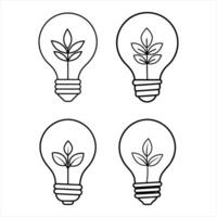 Four Line Art Light Bulbs with Plants Inside leaves vector