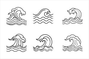 Six Black Line Drawings of Ocean Waves Various Styles vector
