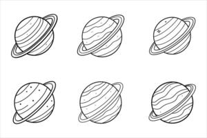 Six Black and White Line Drawings of Planets with Rings vector