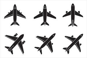 Six Black Airplane Icons Top and Side Views white background vector