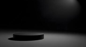 Minimalist Black Pedestal in Dramatic Spotlight on Dark Background photo